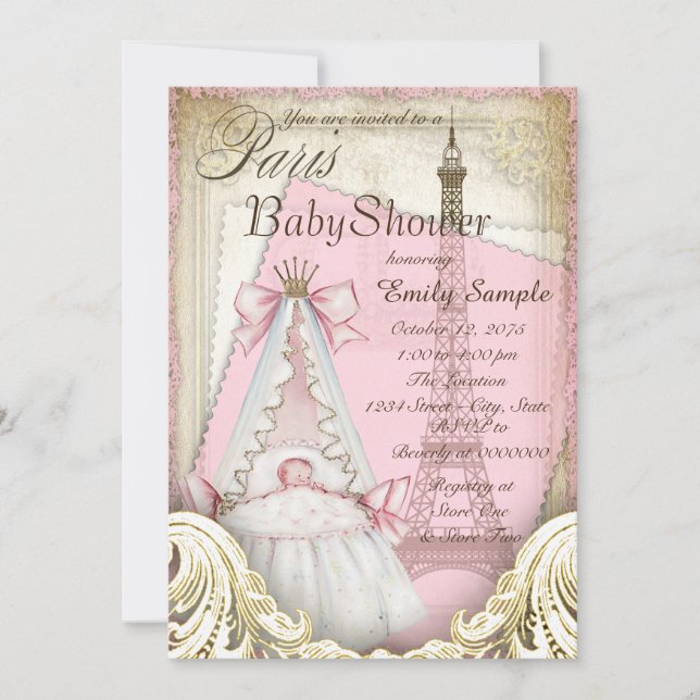 Flickor Vintage Paris Bebis Shower Inbjudningar (Framsida)