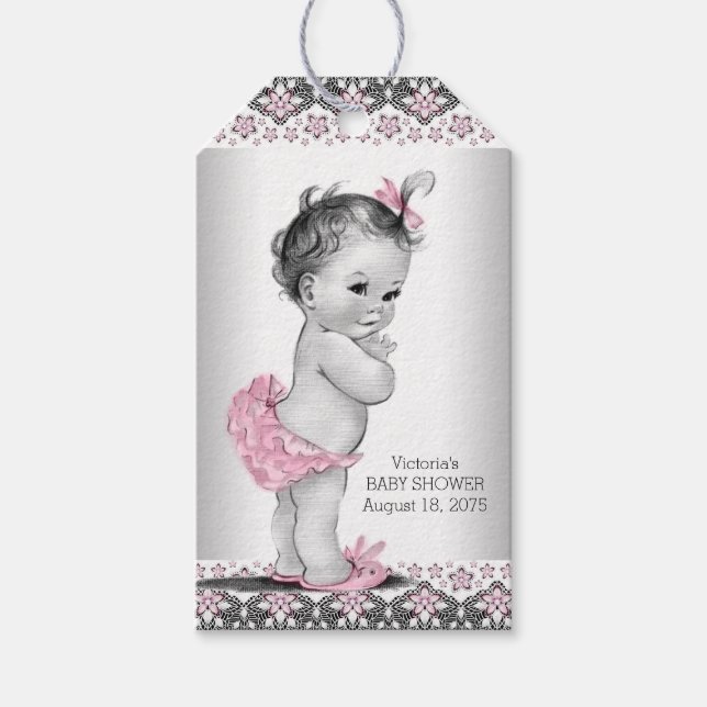 Flickor Vintage Rosa Black Baby Shower Presentetikett (Framsidan)