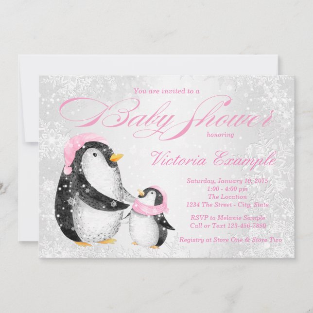 Flickor Vinter Baby Pengiun Baby Shower Inbjudan (Framsida)
