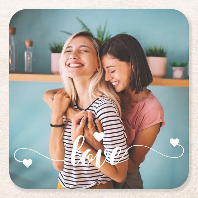 Flickor, vitt skript i Kärlek med hjärthjärtans al Underlägg Papper Kvadrat (Framsidan)