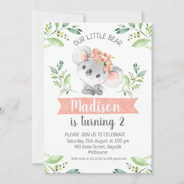 Flickor Watercolor Koala Bear Birthday-inbjudan Inbjudningar (Framsida)
