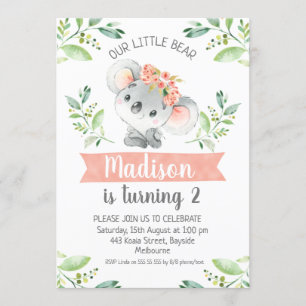 Flickor Watercolor Koala Bear Birthday-inbjudan Inbjudningar