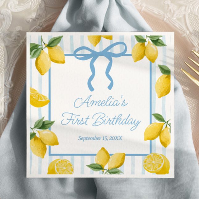 Flickor Whimsical Blue Bow Lemon Amalfi Birthday Pappersservett (Skapare uppladdad)