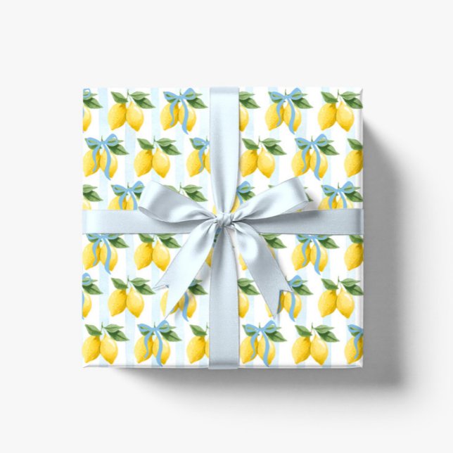 Flickor Whimsical Blue Bow Lemon Amalfi Birthday Presentpapper (Skapare uppladdad)