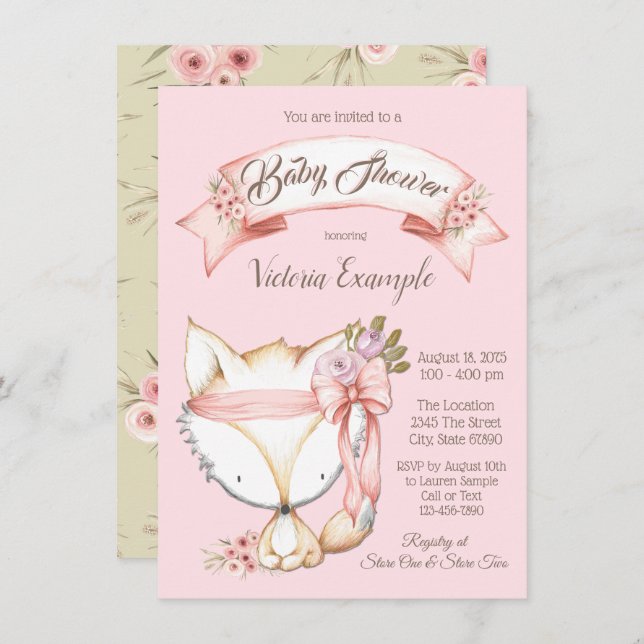 Flickor Woodland Fox Baby Shower-inbjudningar Inbjudningar (Fram/baksida)