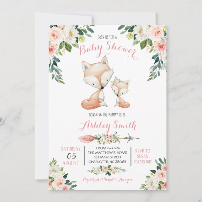 Flickor Woodland fox Baby Shower-inbjudningar Inbjudningar (Framsida)
