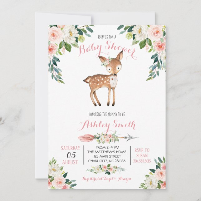Flickor Woodland hjort Baby Shower-inbjudningar Inbjudningar (Framsida)