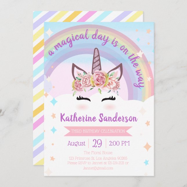 Flickornas Blommigt Magic Unicorn Ansikte Rainbow  Inbjudningar (Fram/baksida)