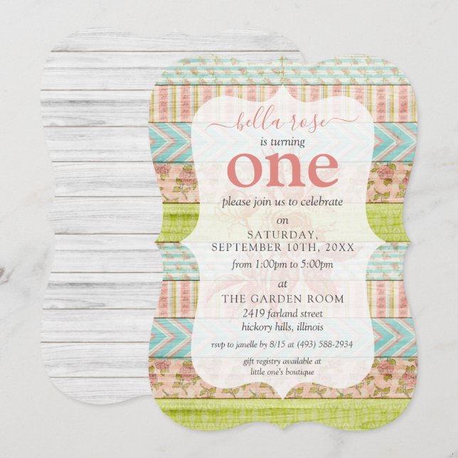 Flickornas födelsedag shabby roses stuga rustik tr inbjudningar (Fram/baksida)