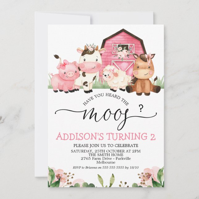 Flickornas Rosa Farm har hört Moos-födelsedagen Inbjudningar (Framsida)