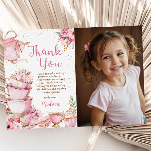 Flickornas Rosa och Guld Blommigt Tea Party födels Tack Kort
