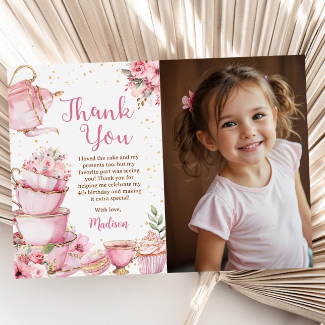 Flickornas Rosa och Guld Blommigt Tea Party födels Tack Kort (Skapare uppladdad)