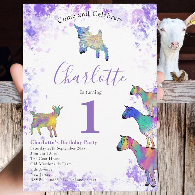 Flickors 1-års födelsedagsfest Vattenfärg Getter L Inbjudningar (Cute goat themed 1st birthday party invitation purple watercolor splash and colorful goats)