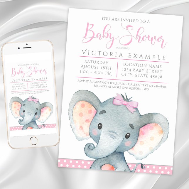 Flickors bedårande elefantbabykalasinbjudningar inbjudningar (Girls Elephant Baby Shower Invitations. Instant download and printed invitations available.)
