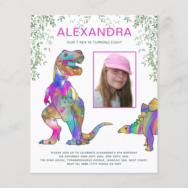 Flickors Dinosaur Budget Födelsedagsfest Inbjudan  Flygblad (Framsidan)