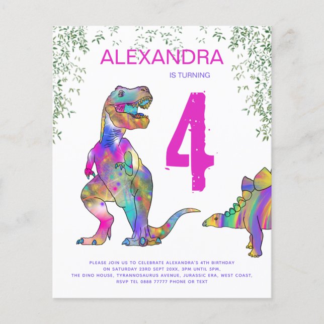 Flickors Dinosaur Födelsedagsfest Budget Inbjudan Flygblad (Framsidan)