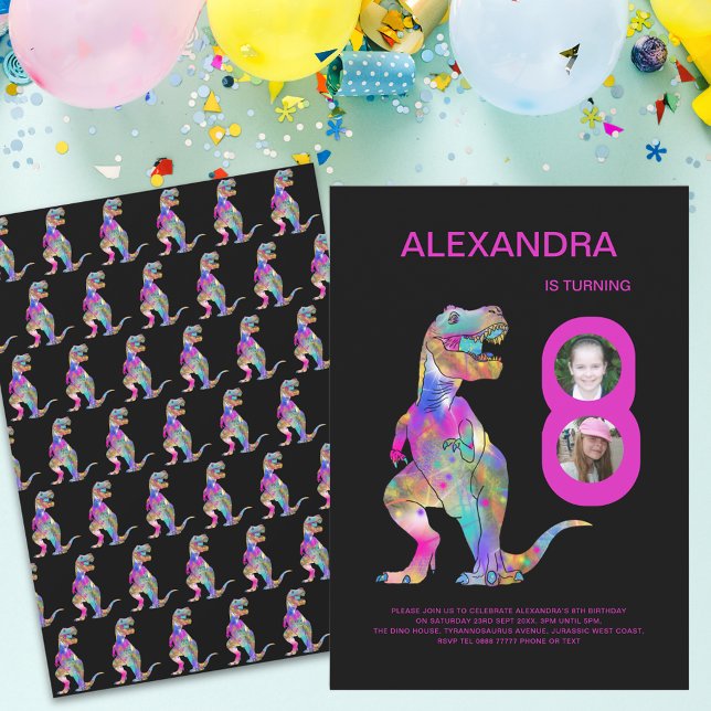Flickors dinosaur födelsedagsfest rosa inbjudningar (Colorful Dinosaur T-Rex girls 8th birthday party pink and black invitation)