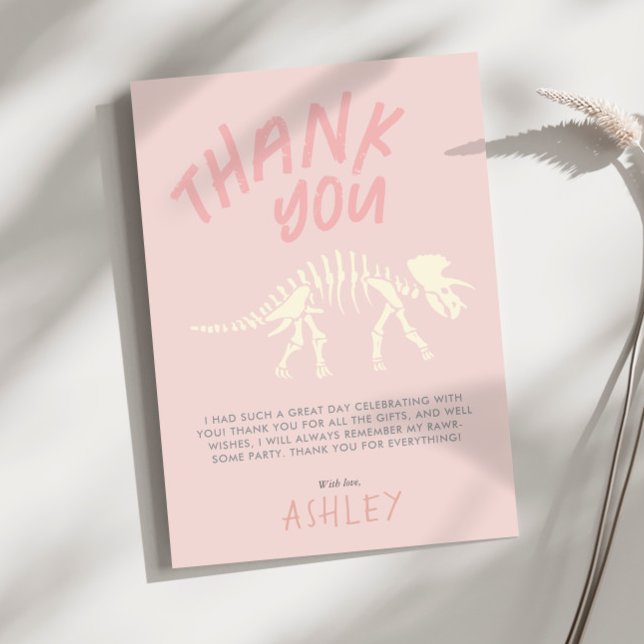 Flickors Dinosaurie Fossil Födelsedag Rosa Tack Kort (Skapare uppladdad)