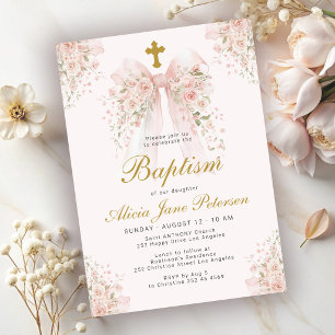 Flickors dop elegant rosa båge blommig kyrka inbjudningar