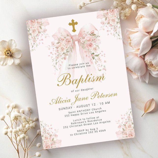 Flickors dop elegant rosa båge blommig kyrka inbjudningar (Skapare uppladdad)