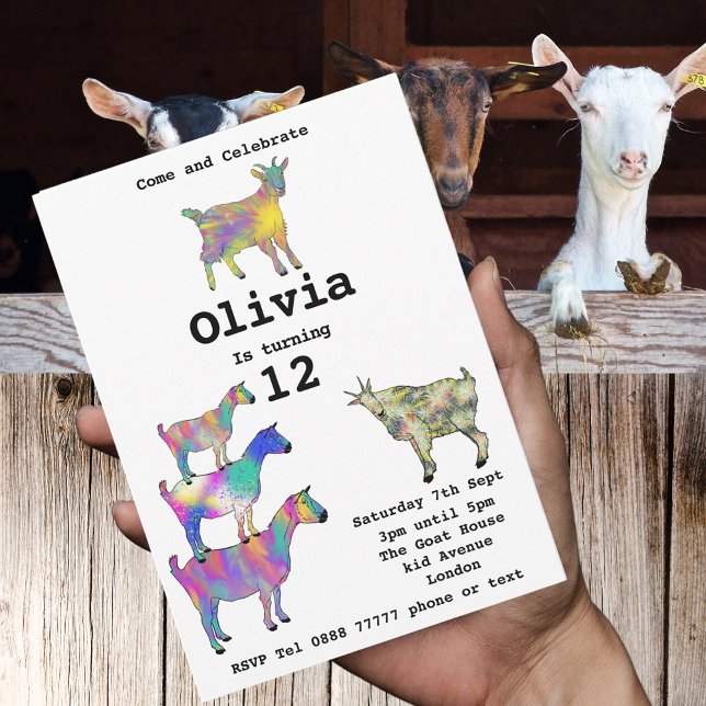 Flickors Födelsedagsfest Färgglada Söta Getter Rol (Cute goats colorful farm animal art 12th birthday party budget invitation )