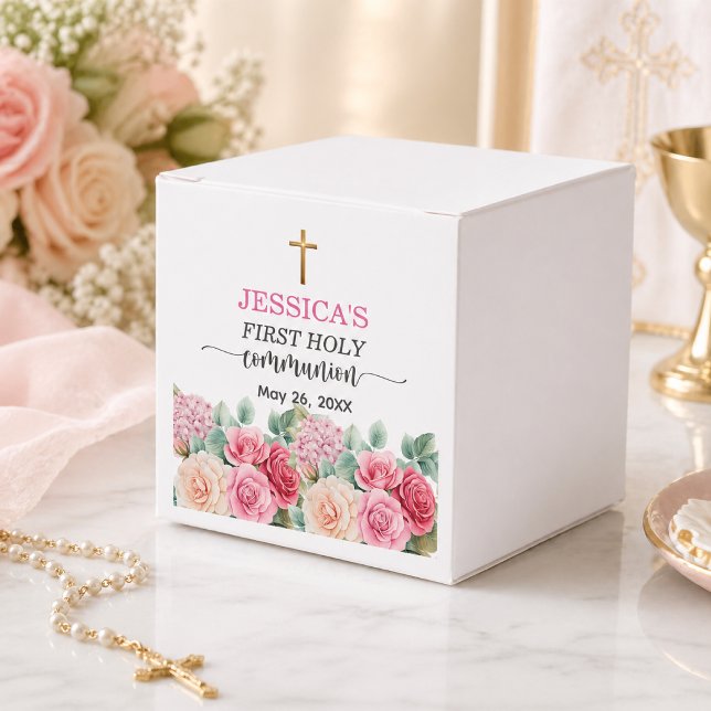 Flickors första kommunion Guld Kors Rosor Blommig  Presentaskar (Skapare uppladdad)