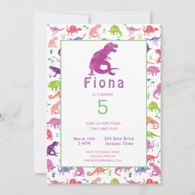 Flickors Lila Rosa Dinosaur Birthday-inbjudan (Framsida)