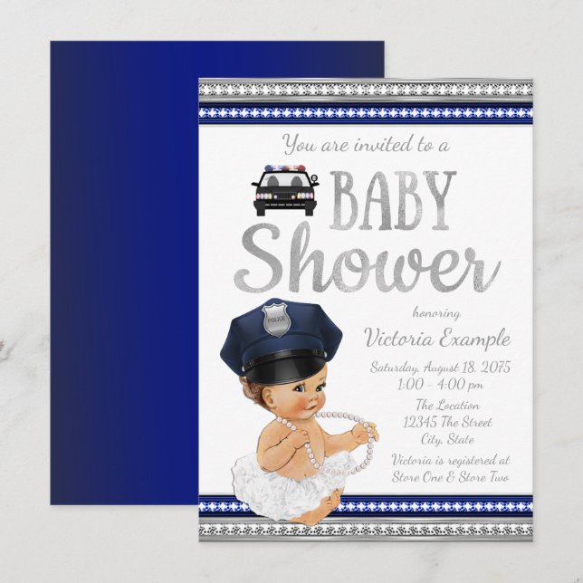 Flickors polis baby shower inbjudan (Fram/baksida)