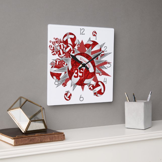 flickors röda vita volleybollar stjärnor fyrkantig klocka (Kontor)