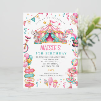 Flickors Rosa Cirkus Karneval Födelsedagsinbjudan Inbjudningar