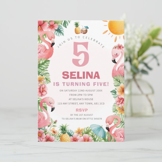 Flickors Rosa Flamingo Tropisk Födelsedagsinbjudan Inbjudningar (Stående Fram)