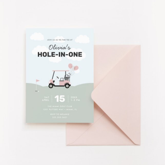 Flickors Rosa Hål-in-One Golf 1:a födelsedagen Inbjudningar (Skapare uppladdad)