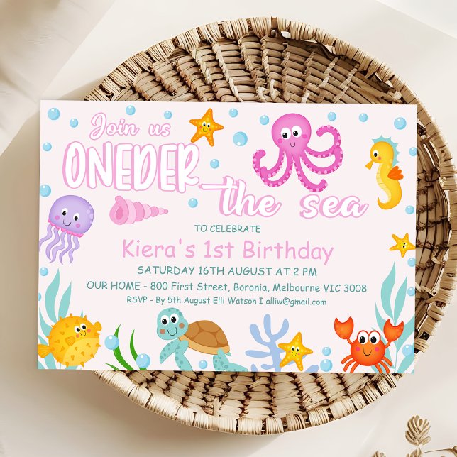 Flickors Rosa under Sea Oneder Sea 1:a födelsedage Inbjudningar (Colorful Oneder the Sea Birthday Invitation Template For Girl, Under the Sea Themed 1st Birthday)
