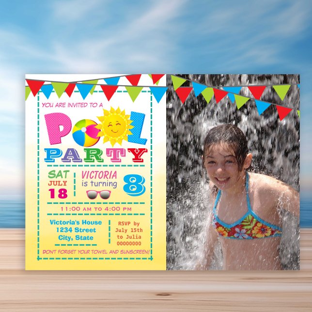 Flickpoolkalasinbjudningar med foto inbjudningar (Cute any number pool birthday party invitation. Simply add your details and photo.)