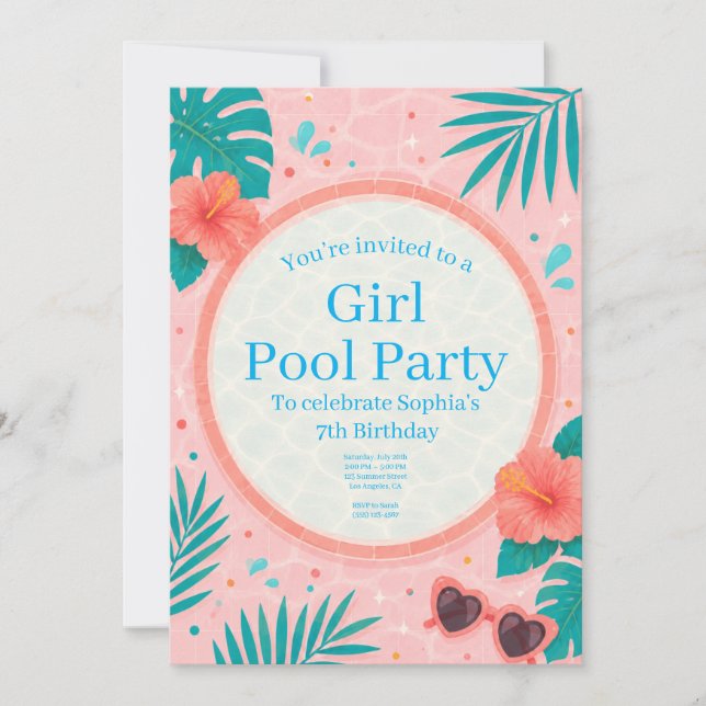 Flickpoolparty födelsedagsinbjudan inbjudningar (Framsida)