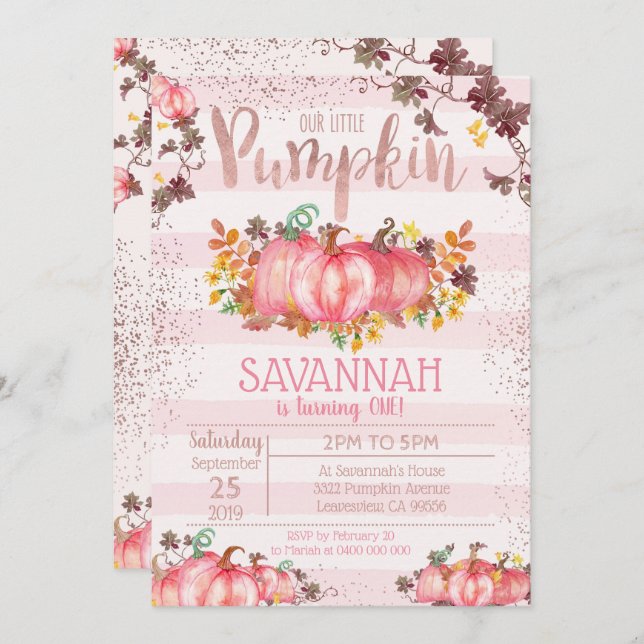 Flickpumpkin 1:a födelsedagsinbjudan - Fall Inbjudningar (Fram/baksida)