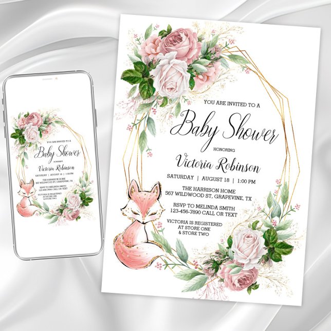Flickräv Vattenfärg Blommig Baby Shower Inbjudningar (Cute fox pink floral baby shower invitations. Instant download and printed invitations available.)
