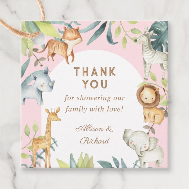 Flicksafari-djur boho babydusch gåvor etiketter (Framsida)