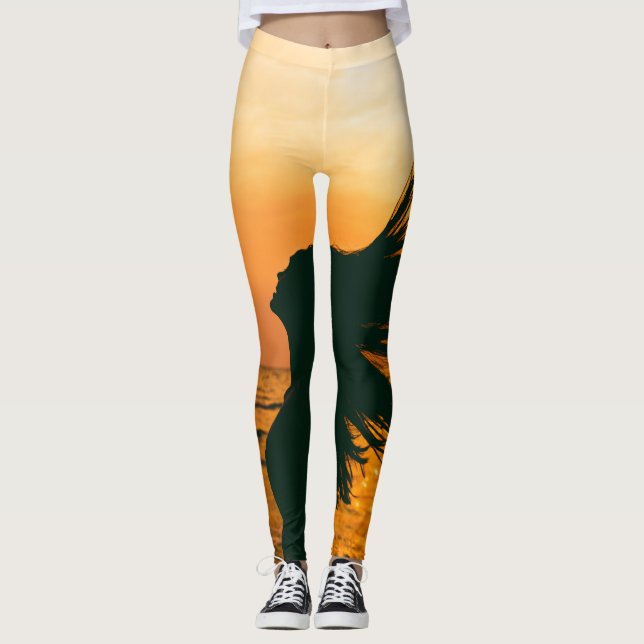 Flicksilhuett, havsolnedgång, frihet. leggings (Framsida)