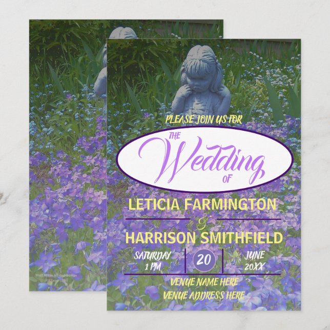 Flickstaty med blå violett falx-glöd-jag-noter inbjudningar (Fram/baksida)