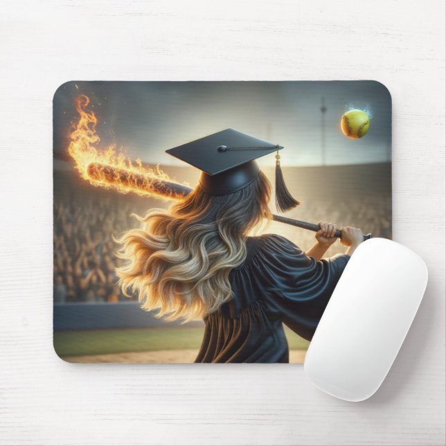 Flickstudent svingar ett brinnande basebollträ musmatta (Med mus)