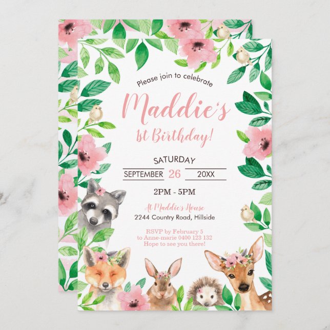 Flickträdsdjur 1:a födelsedagsinbjudan Djur Inbjudningar (Fram/baksida)