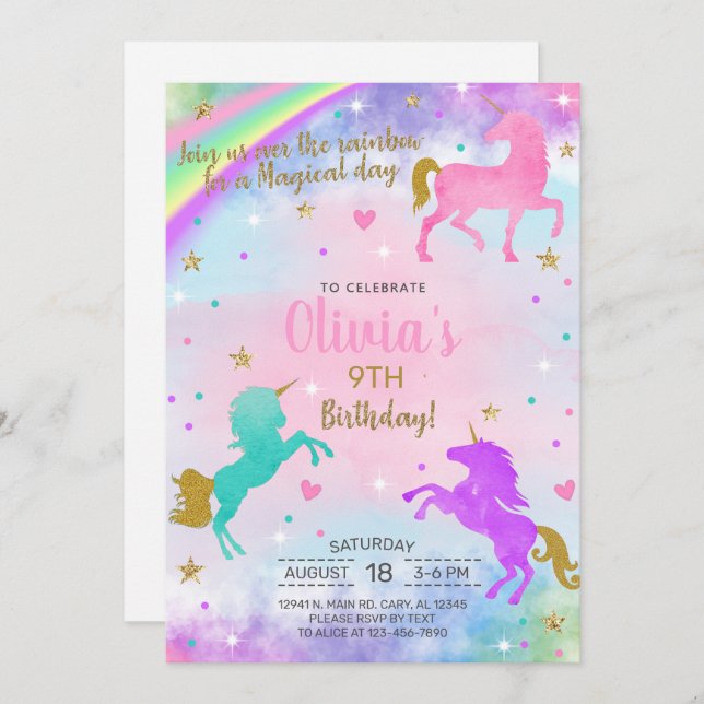 Flickunicorns vattenfärgsinbjudan till guld födels inbjudningar (Fram/baksida)