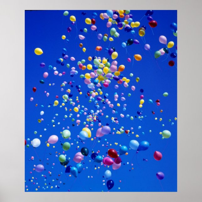 fliegende bunte Luftballons am blauen Himmel, Poster (Framsidan)