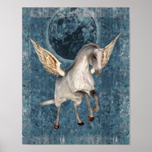 Flies Pegasus Blue Måne Fantasy Horse Art Poster
