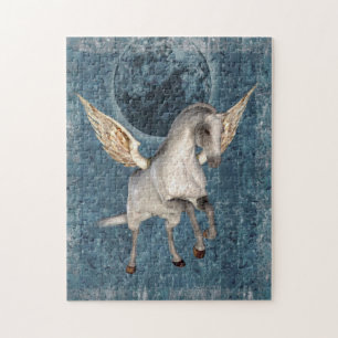 Flies Pegasus Blue Måne Fantasy Horse Art Pussel