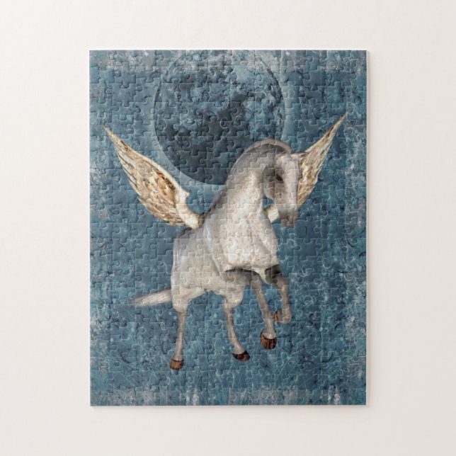 Flies Pegasus Blue Måne Fantasy Horse Art Pussel (Vertikal)
