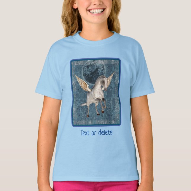 Flies Pegasus Blue Måne Fantasy Horse Art T Shirt (Framsida)