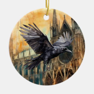 Flies Raven och Medieval Gothic Cathedral Julgransprydnad Keramik