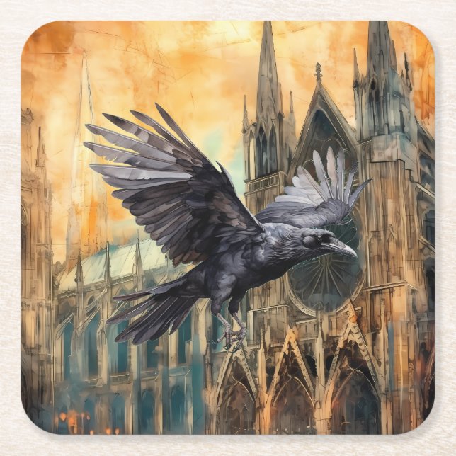 Flies Raven och Medieval Gothic Cathedral Underlägg Papper Kvadrat (Framsidan)